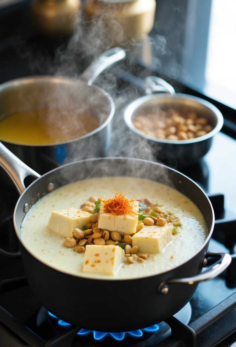 A steaming pot of Paneer Kheer cooking on a stovetop, with aromatic spices and a sprinkle of nuts and saffron on top