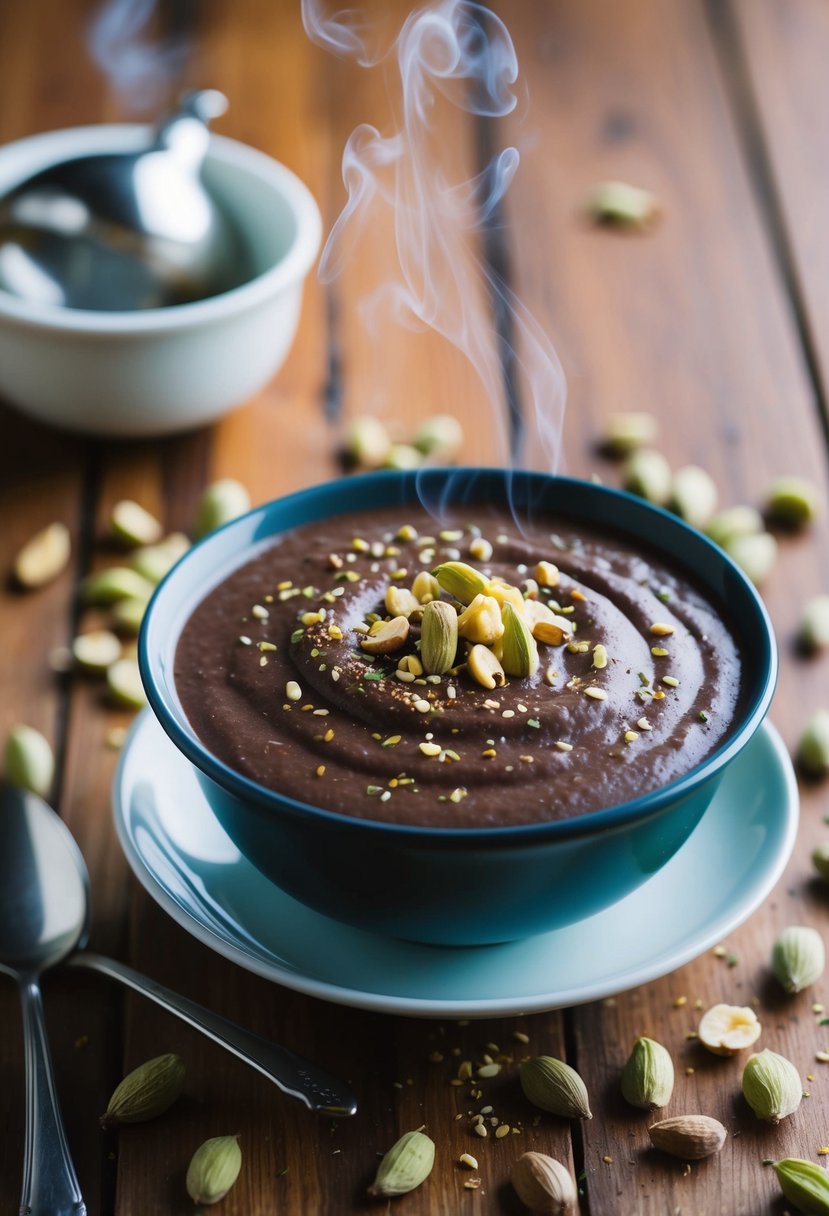 A steaming bowl of chocolate kheer surrounded by scattered cardamom pods and a sprinkle of chopped nuts on a wooden table