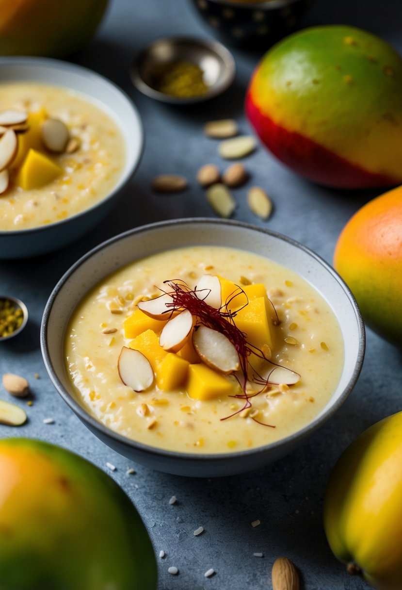 A bowl of creamy mango kheer topped with slivered almonds and saffron strands, surrounded by fresh ripe mangoes and a sprinkle of cardamom