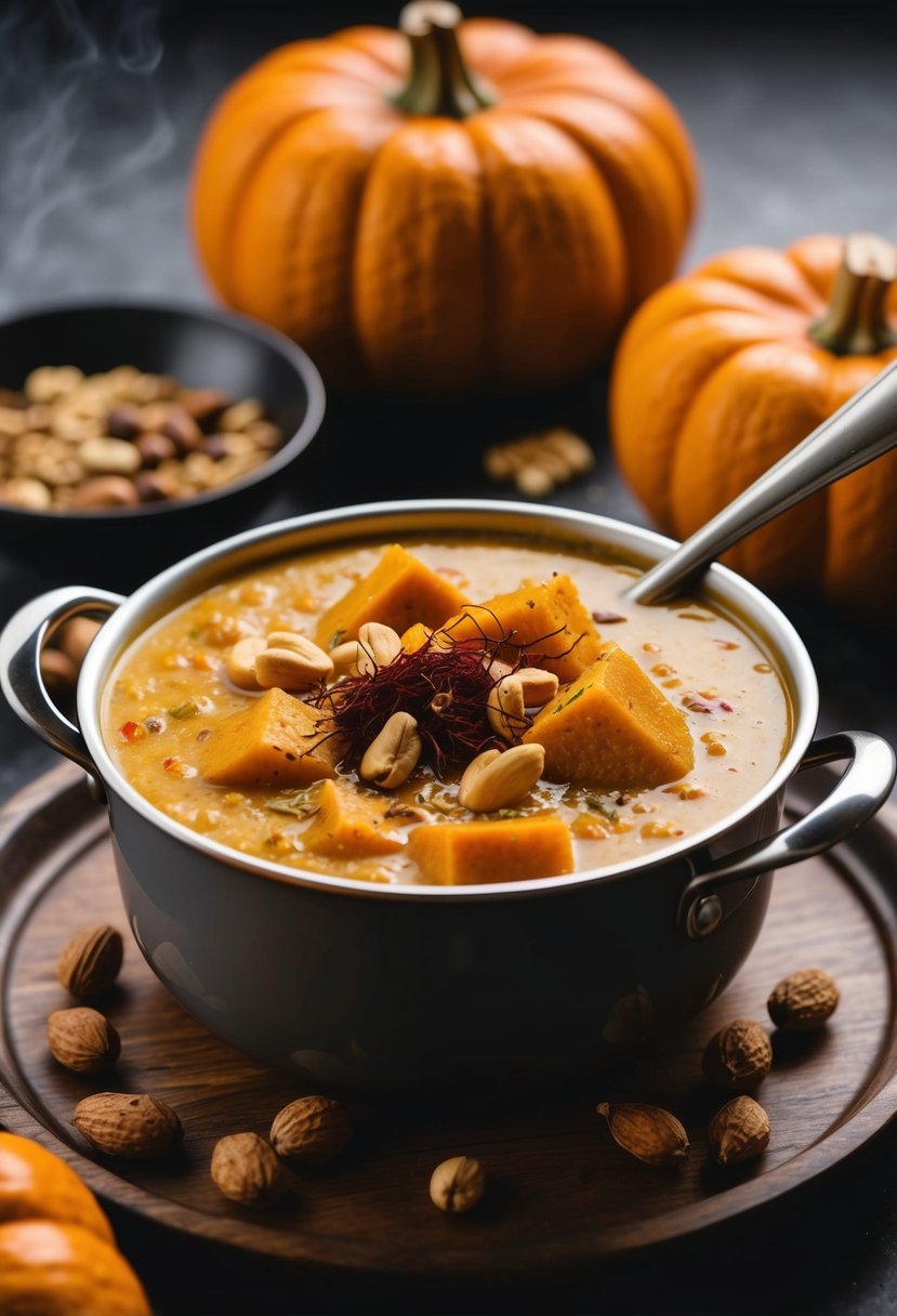 A pot of simmering pumpkin kheer with spices and garnished with nuts and saffron strands