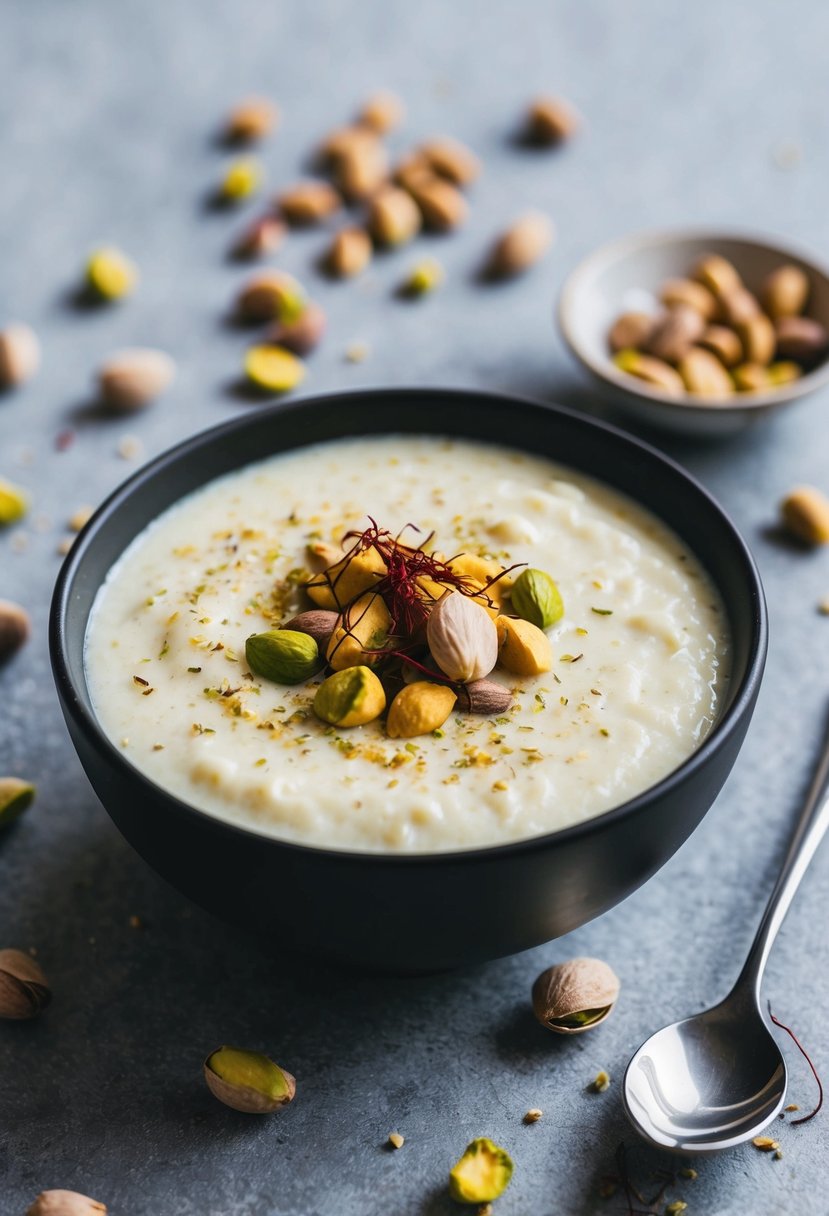 A bowl of creamy pistachio kheer surrounded by scattered pistachio nuts and a sprinkle of saffron strands