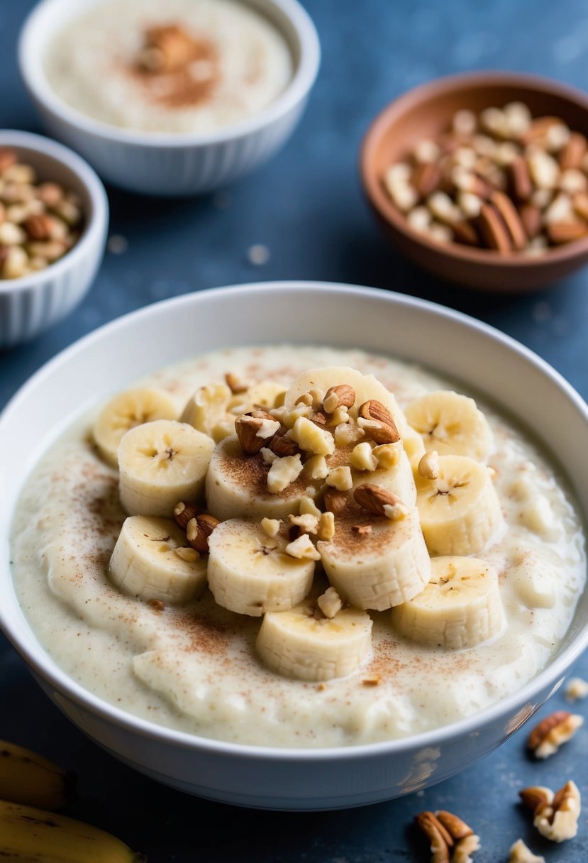 A bowl of creamy banana kheer topped with chopped nuts and a sprinkle of cinnamon