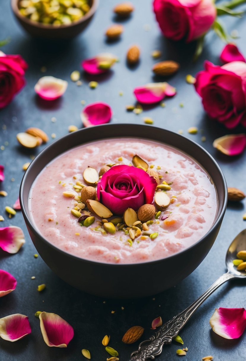 A bowl of rose kheer surrounded by scattered rose petals and garnished with slivered almonds and pistachios