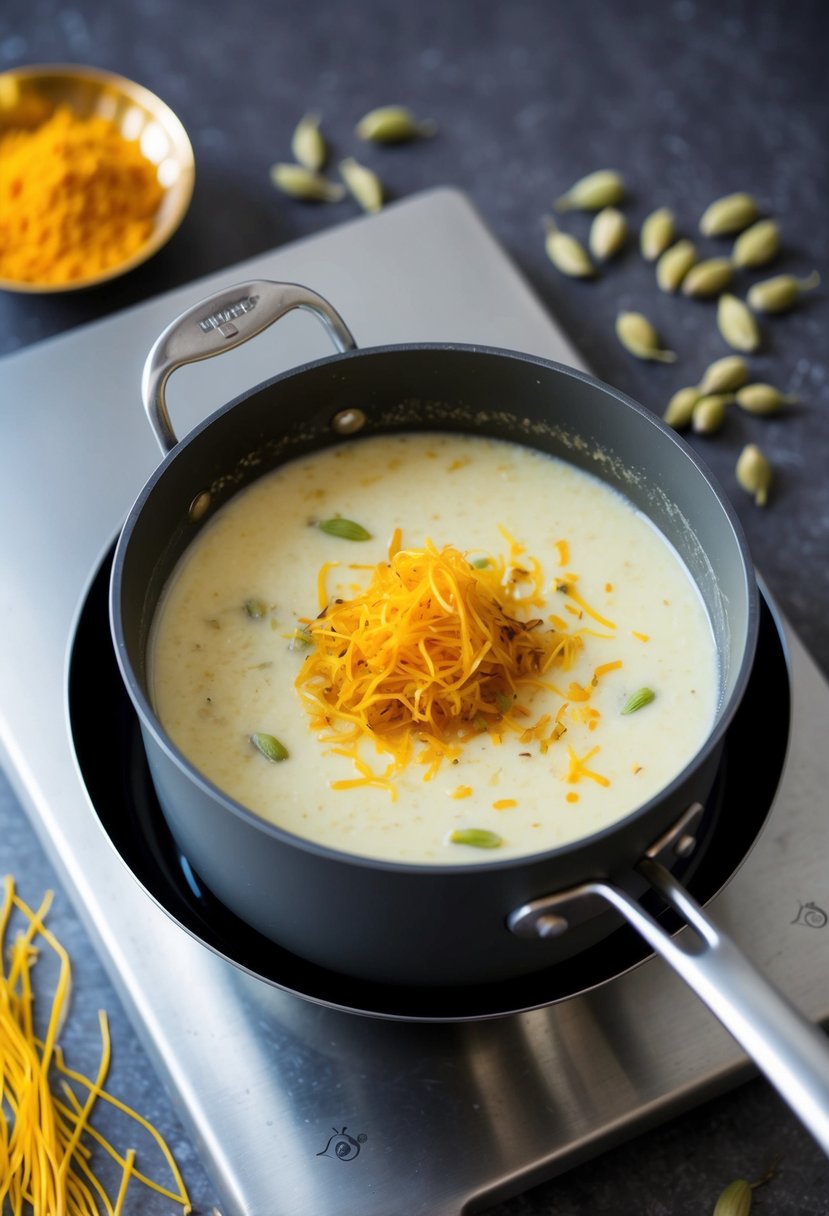 A pot of creamy kesar kheer simmering on a stovetop, with strands of saffron and cardamom pods scattered around