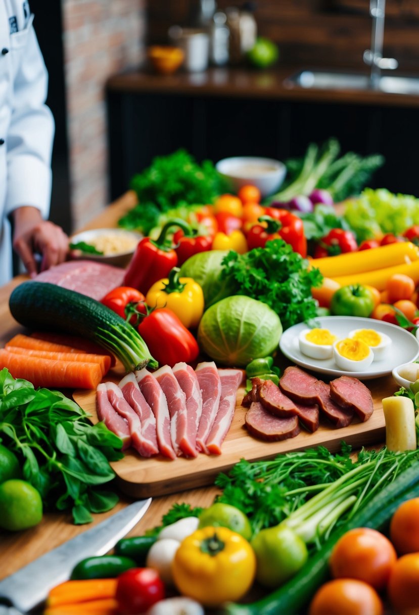 A table filled with a variety of colorful, fresh vegetables, lean meats, and healthy fats. A chef's knife and cutting board sit nearby