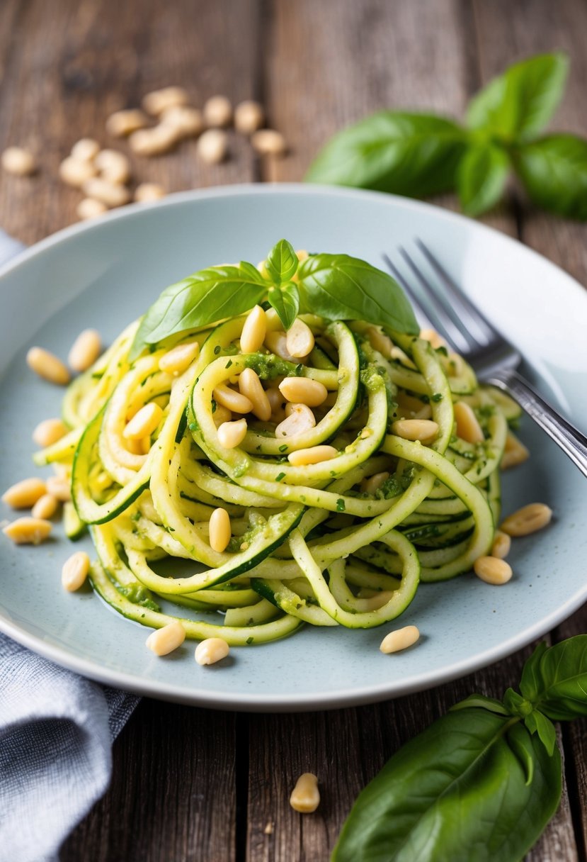 A plate of zucchini noodles topped with pesto sauce, garnished with pine nuts and fresh basil leaves, set on a rustic wooden table