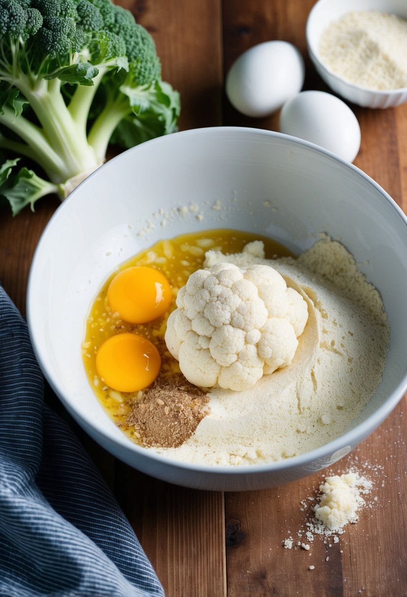 Fresh cauliflower, almond flour, eggs, and seasonings are being mixed together in a bowl to create a keto-friendly pizza crust