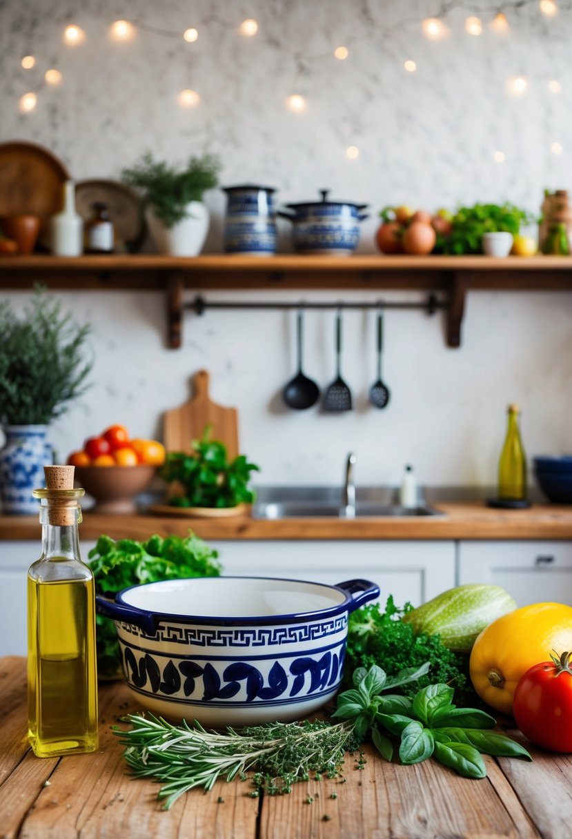 A rustic kitchen with fresh produce, olive oil, herbs, and traditional Greek cookware