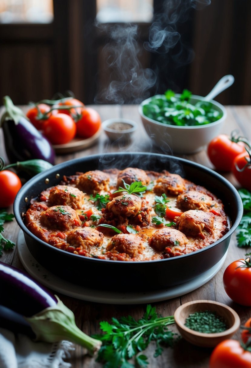 A table set with a steaming tray of moussaka, surrounded by fresh ingredients like eggplant, tomatoes, and herbs