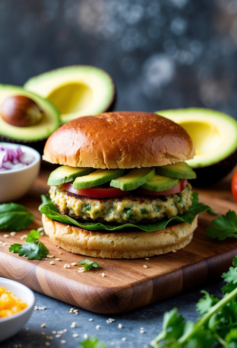 A juicy avocado burger surrounded by keto-friendly ingredients on a wooden cutting board