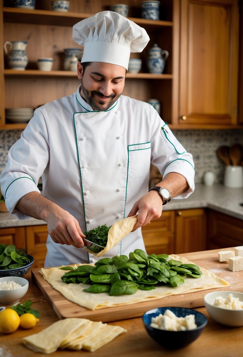 A chef preparing and baking spanakopita in a cozy kitchen with traditional Greek decor. Ingredients like spinach, feta cheese, and phyllo dough are laid out on a wooden counter