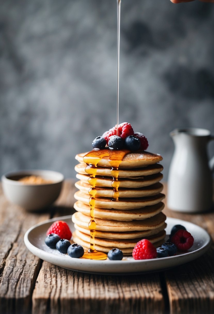 A stack of almond flour pancakes topped with berries and drizzled with sugar-free syrup on a rustic wooden table