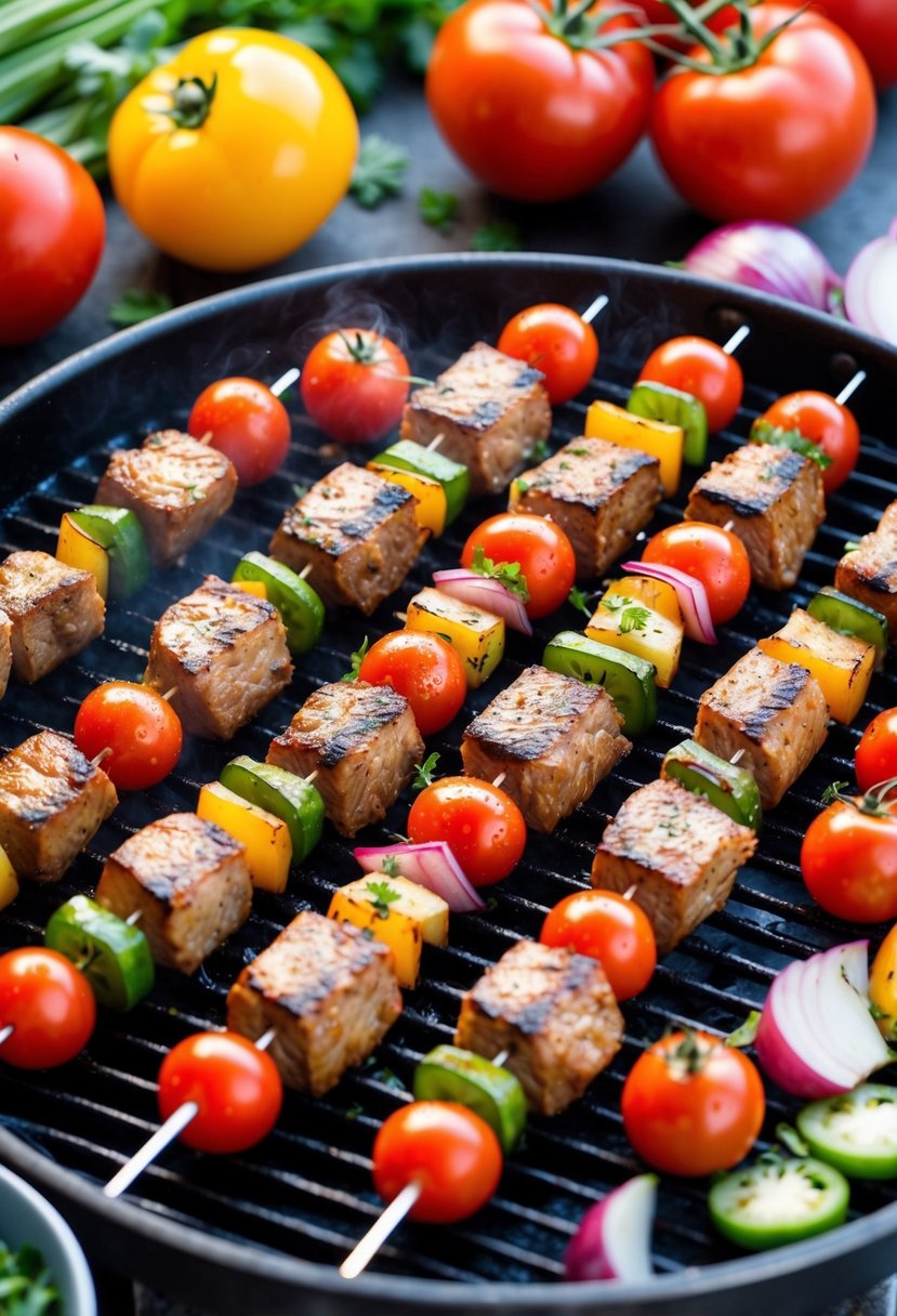 A sizzling grill cooks skewers of marinated meat and vegetables, surrounded by vibrant ingredients like tomatoes, onions, and herbs