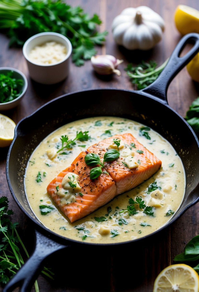 A skillet with creamy garlic Tuscan salmon, surrounded by keto-friendly vegetables and herbs