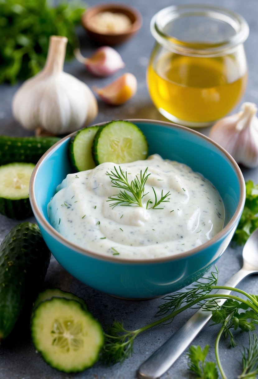 A bowl of creamy tzatziki sauce surrounded by fresh ingredients like cucumbers, garlic, and dill