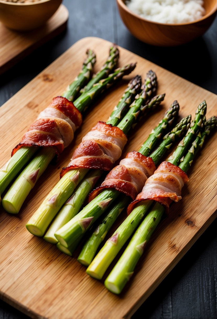 Fresh asparagus spears wrapped in crispy bacon on a wooden cutting board