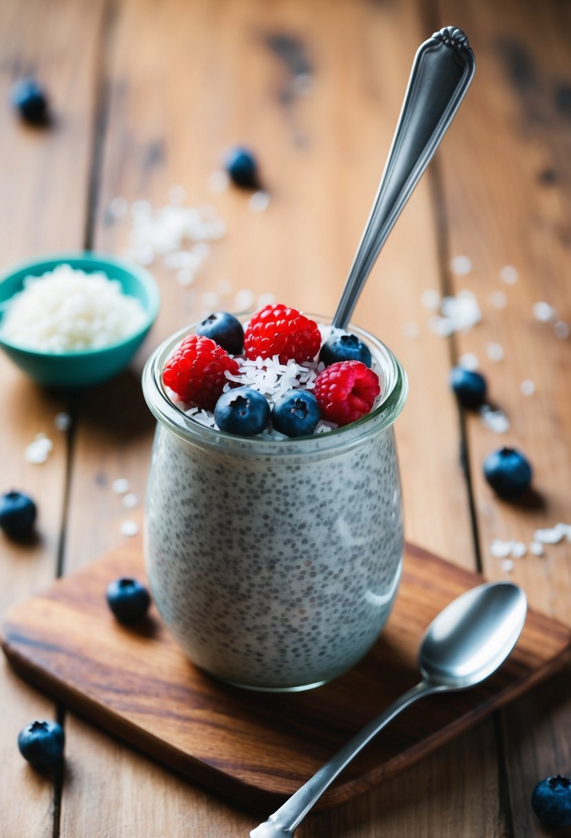 A glass jar filled with chia seed pudding topped with fresh berries and a sprinkle of coconut flakes, placed on a wooden table