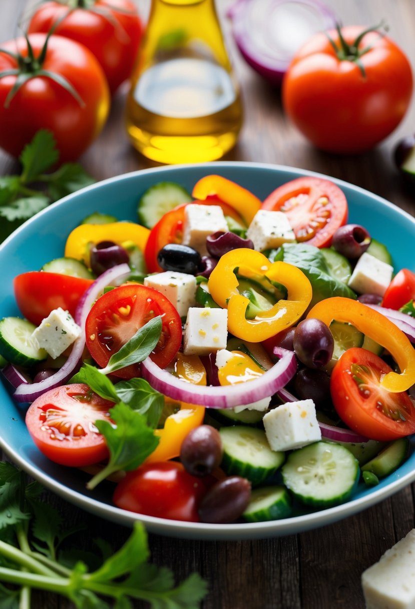 A vibrant Greek Salad with fresh tomatoes, cucumbers, red onions, bell peppers, feta cheese, olives, and a drizzle of olive oil