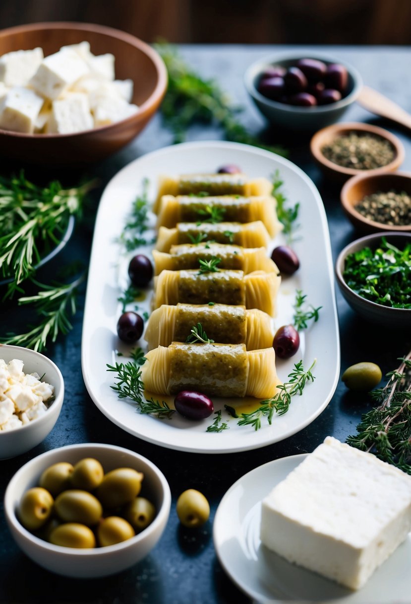 A table set with dolmades, olives, and feta cheese, surrounded by Mediterranean herbs and ingredients