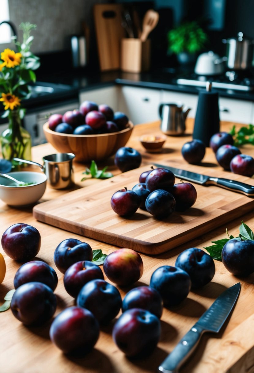 A table covered in fresh plums, a cutting board, and various kitchen utensils