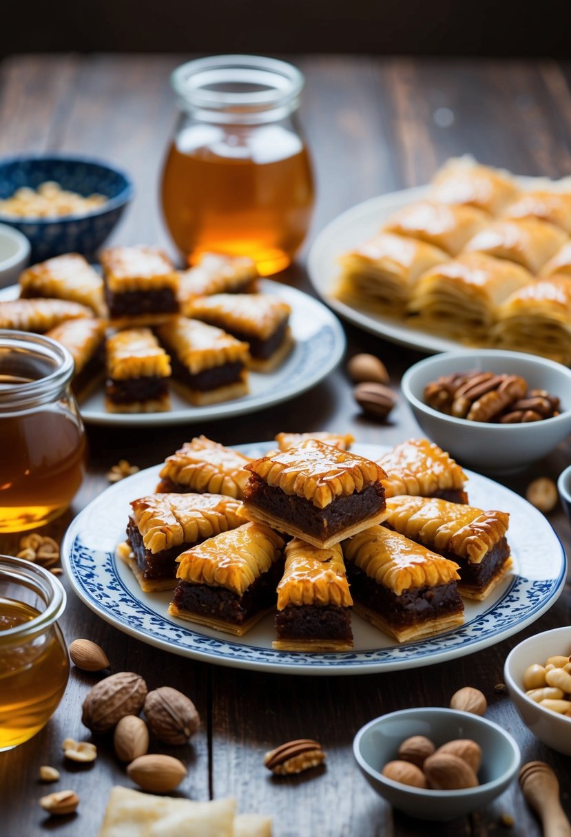 A table set with a variety of baklava pastries, surrounded by traditional Greek ingredients like honey, nuts, and filo dough