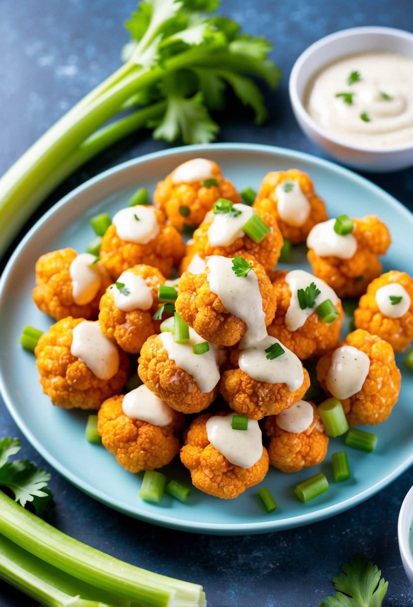 A plate of crispy buffalo cauliflower bites surrounded by fresh celery and a side of creamy dipping sauce