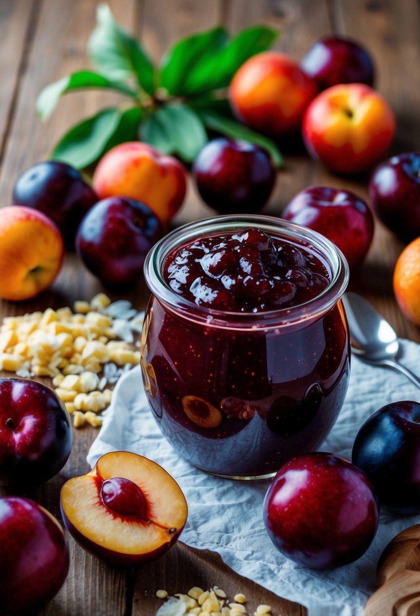 A jar of plum jam surrounded by fresh plums and a spread of recipe ingredients on a wooden table