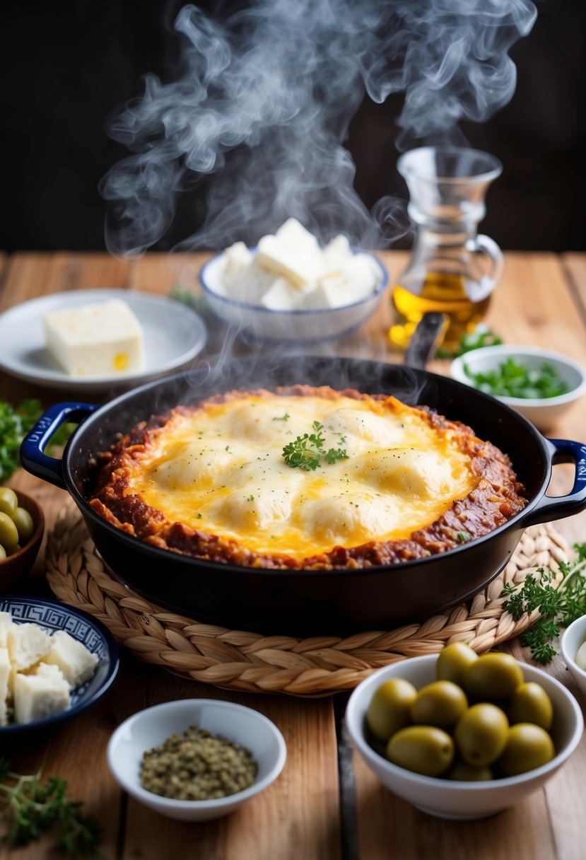 A table set with a steaming tray of pastitsio, surrounded by traditional Greek ingredients like feta cheese, olives, and oregano