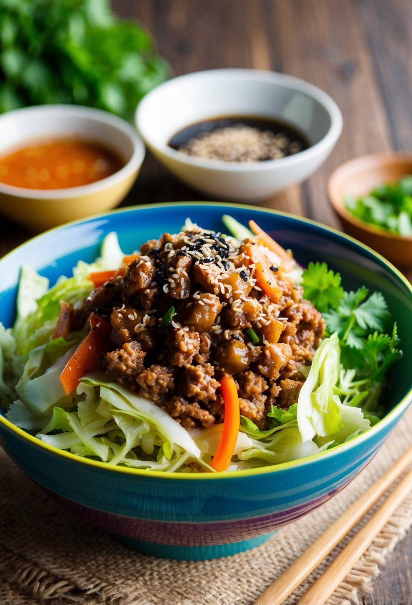 A colorful bowl filled with shredded cabbage, ground pork, and various vegetables, topped with a savory sauce and sprinkled with sesame seeds