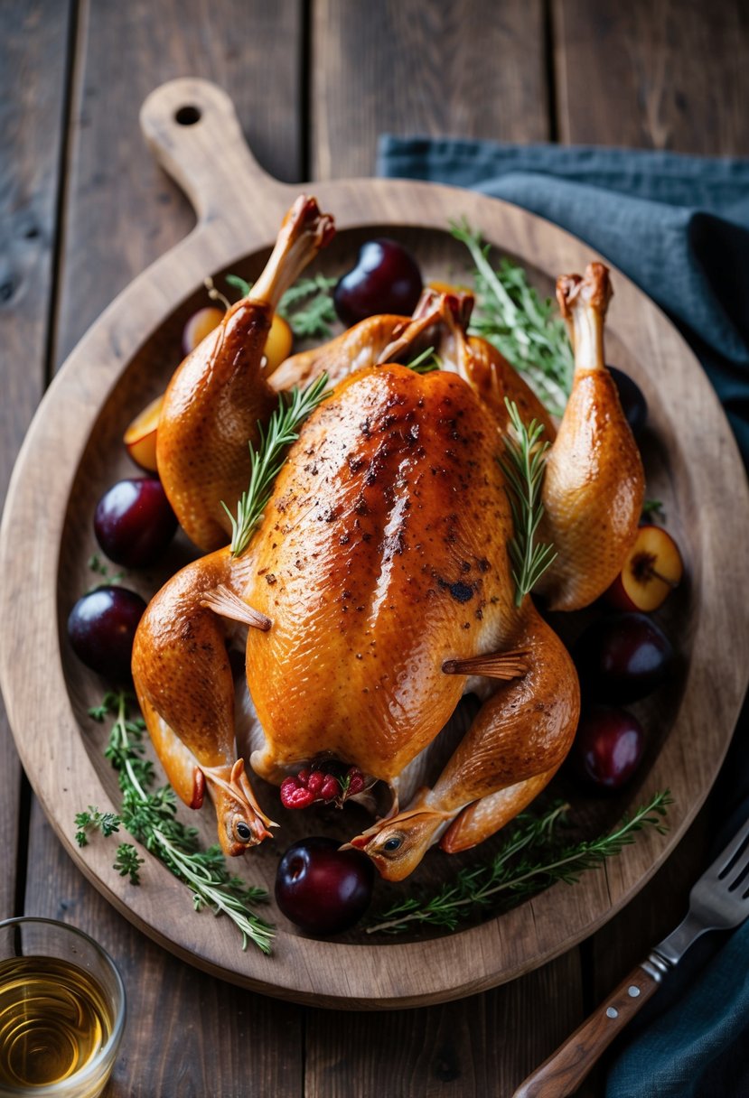 A whole roasted duck surrounded by plums and herbs on a rustic wooden platter