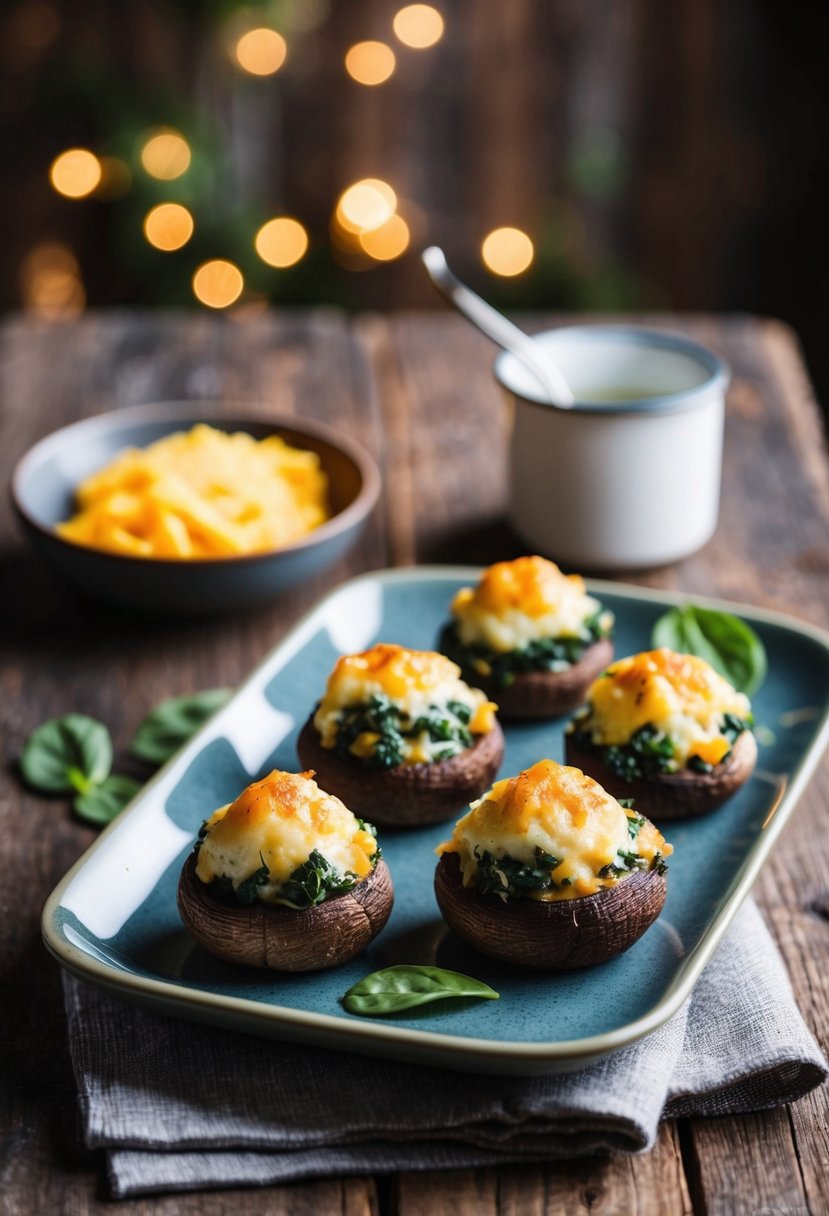 A platter of spinach and cheese stuffed mushrooms on a rustic wooden table