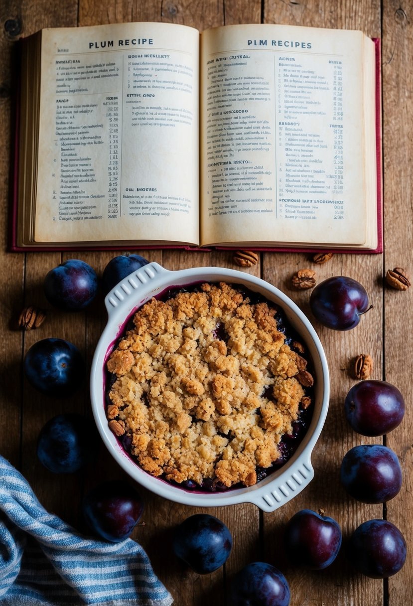 A rustic kitchen table with a freshly baked plum crumble surrounded by scattered plums and a vintage recipe book open to a page on plum recipes