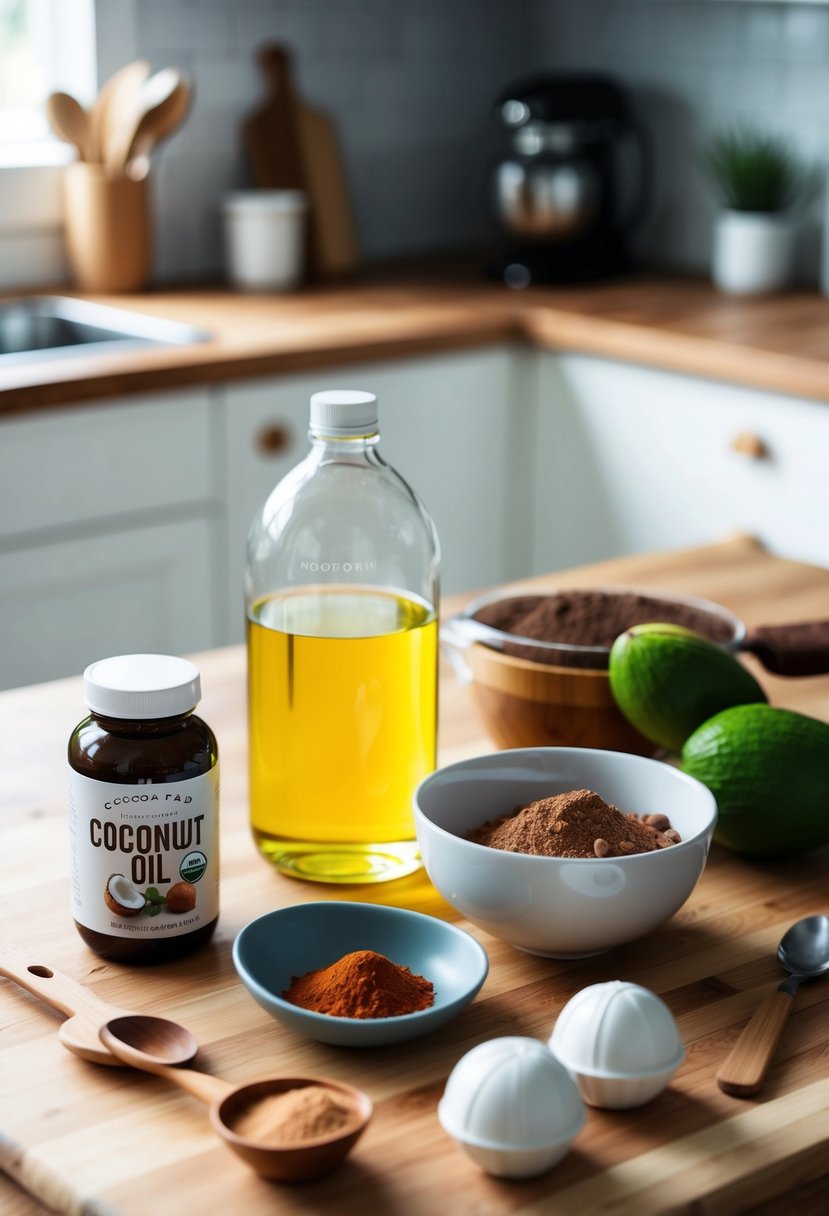 A kitchen counter with ingredients (coconut oil, cocoa powder, sweetener) and utensils for making coconut fat bombs