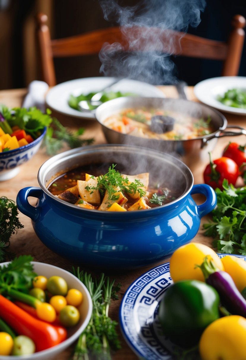 A table set with a traditional Greek meal, including a steaming hot pot of Briam surrounded by colorful vegetables and herbs