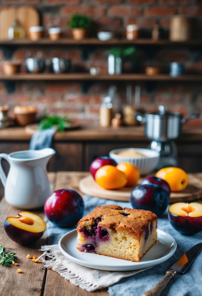 A rustic kitchen table set with a spiced plum cake, fresh plums, and recipe ingredients