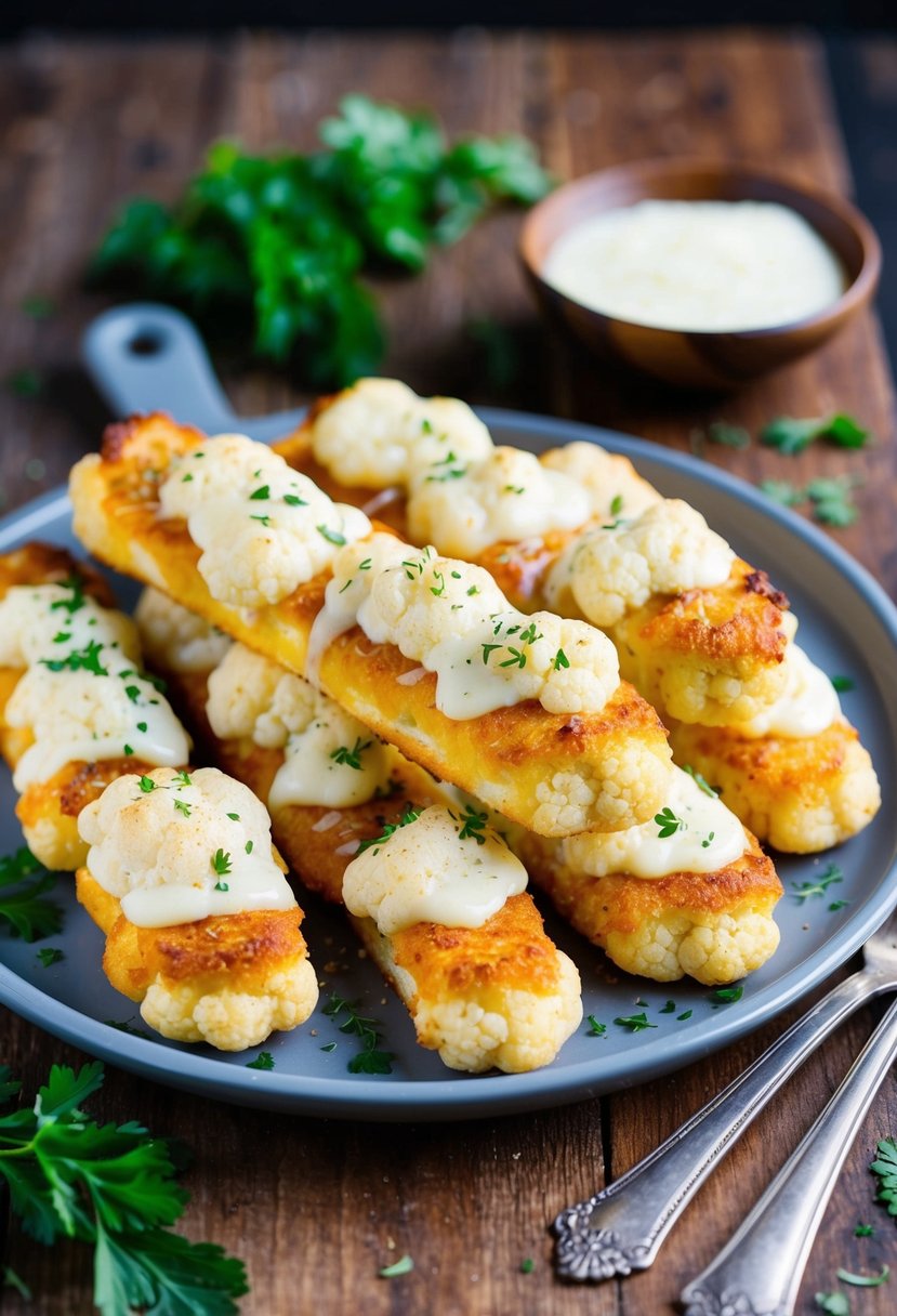 A platter of golden-brown cauliflower breadsticks, topped with melted cheese and sprinkled with herbs, sits on a rustic wooden table