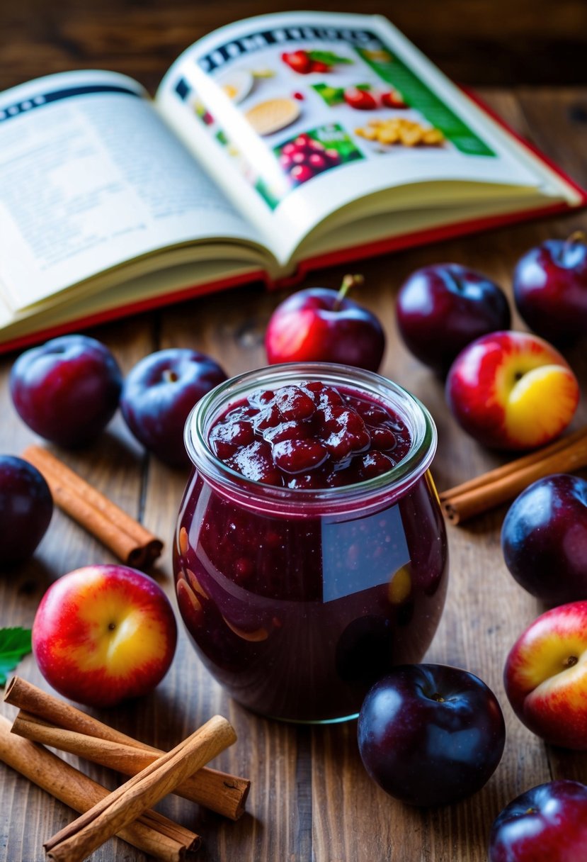 A jar of homemade plum chutney surrounded by fresh plums, cinnamon sticks, and a recipe book open to plum recipes