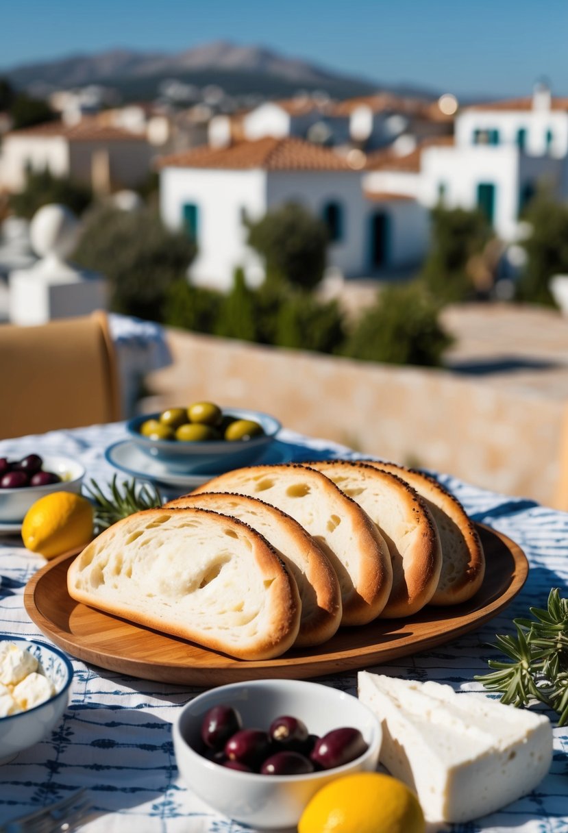 A table set with traditional Greek koulouri bread, olives, and feta cheese, with a backdrop of a sunny Mediterranean village