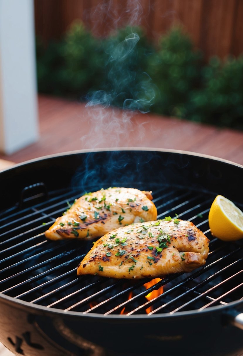 A sizzling lemon herb grilled chicken on a hot barbecue grill