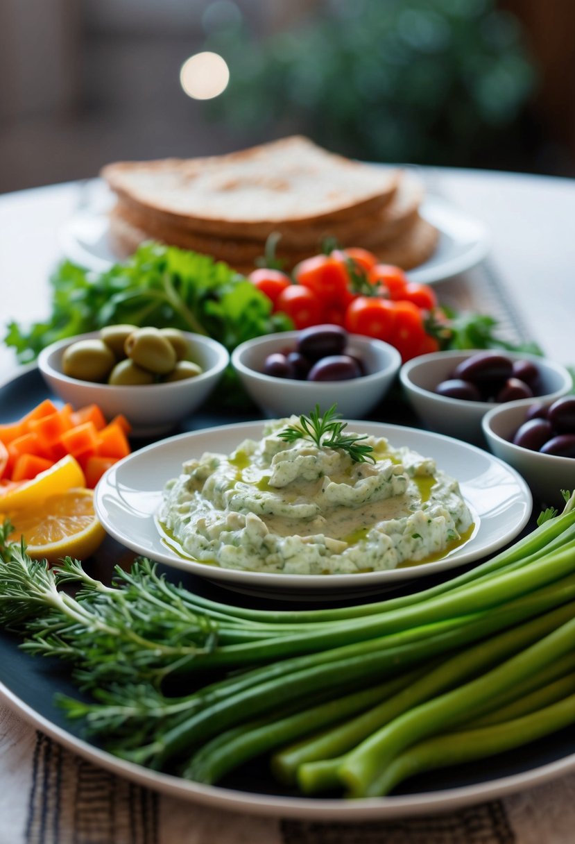 A table set with a spread of Taramosalata, olives, pita bread, and fresh vegetables