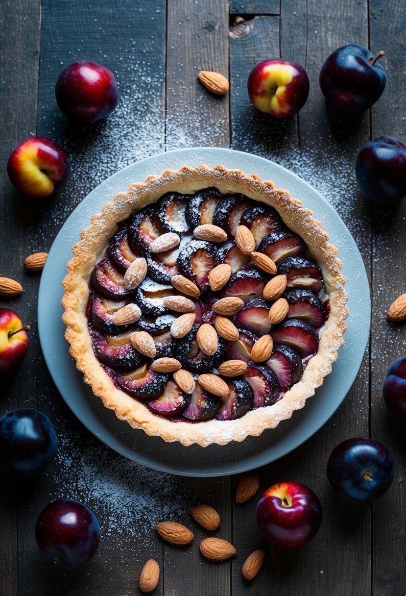 A rustic table with a freshly baked plum and almond tart, surrounded by scattered plums and a dusting of powdered sugar