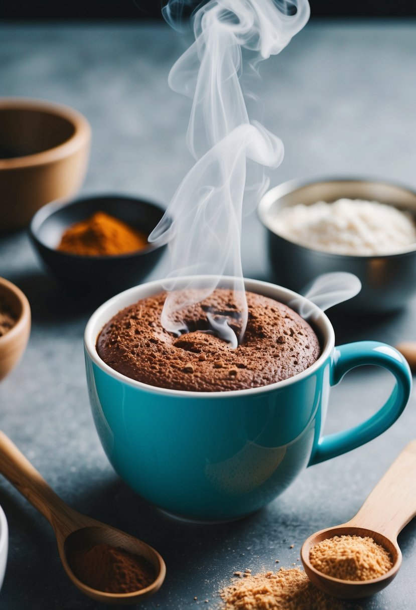 A steaming mug cake sits on a table, surrounded by ingredients like almond flour, cocoa powder, and a mixing bowl