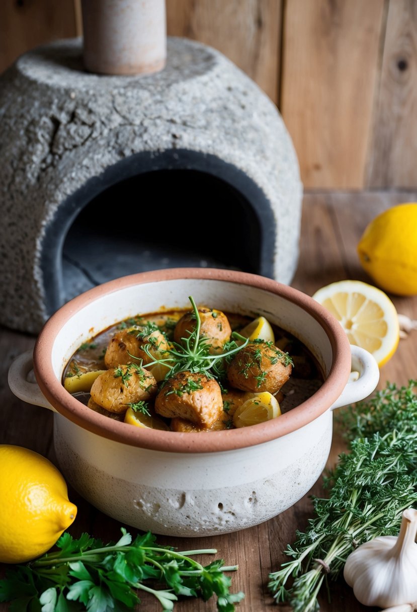 A rustic stone oven with a clay pot filled with succulent kleftiko, surrounded by fresh herbs, garlic, and lemon slices