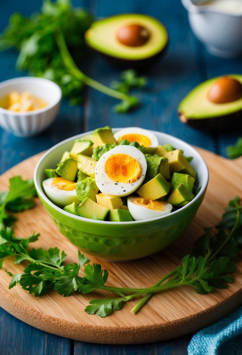 A bowl of avocado egg salad surrounded by fresh ingredients on a wooden cutting board