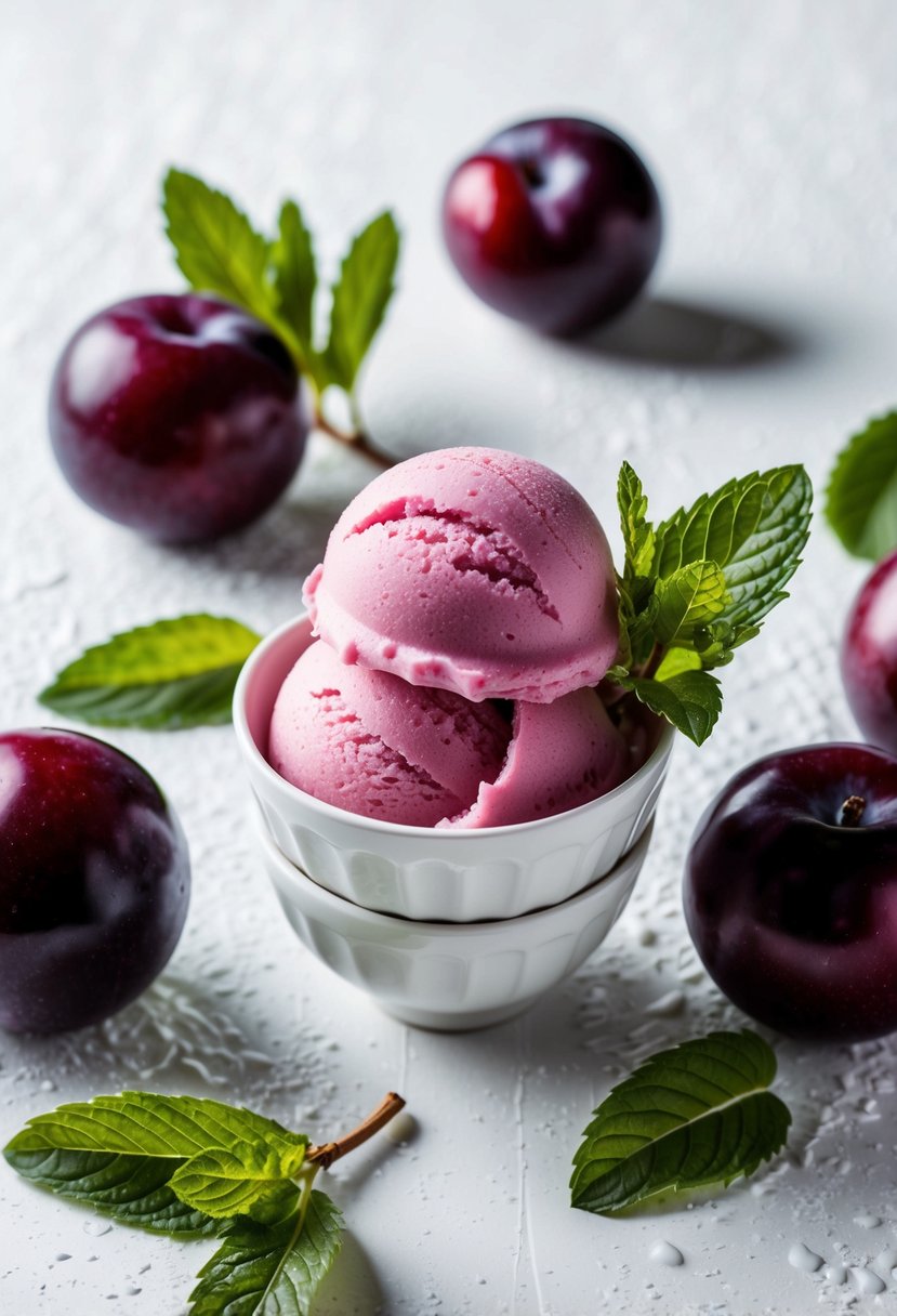 A scoop of plum sorbet surrounded by fresh plums and mint leaves on a white, textured surface