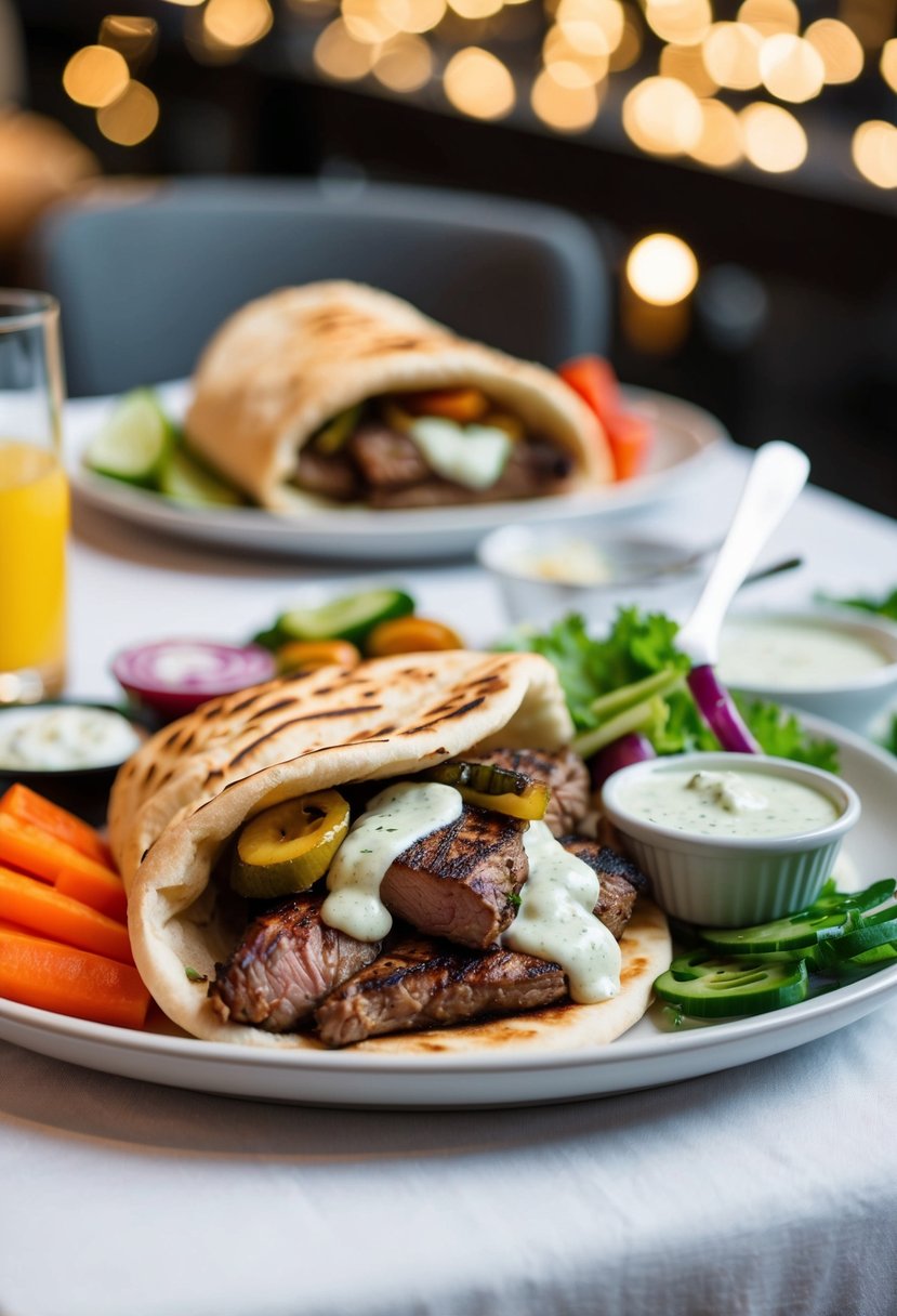 A table set with a platter of freshly grilled gyro meat, pita bread, tzatziki sauce, and assorted vegetables