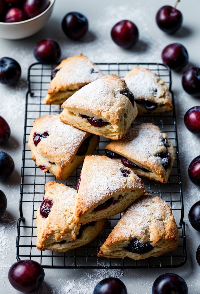 Freshly baked plum scones cooling on a wire rack, surrounded by scattered plums and a dusting of powdered sugar