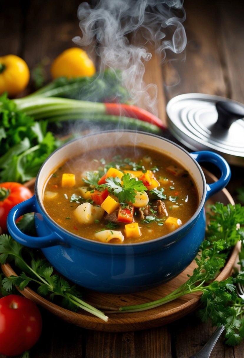 A steaming pot of Fasolada soup surrounded by fresh vegetables and herbs