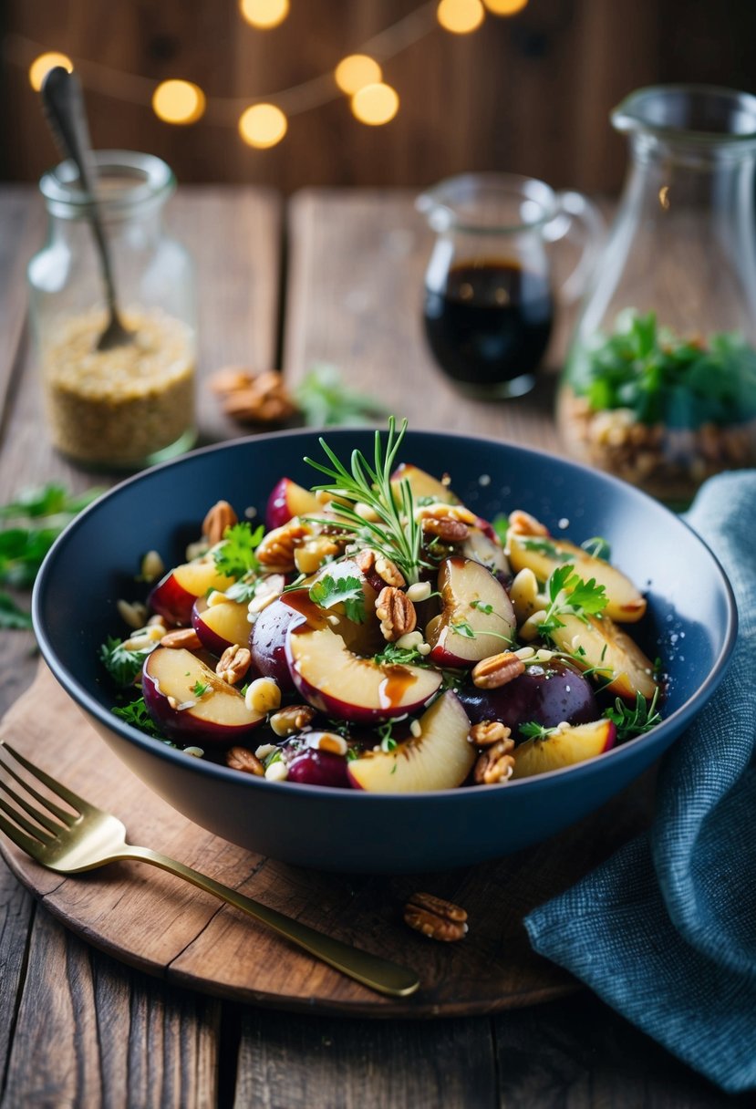 A bowl of plum salad with balsamic dressing, garnished with fresh herbs and nuts, placed on a rustic wooden table