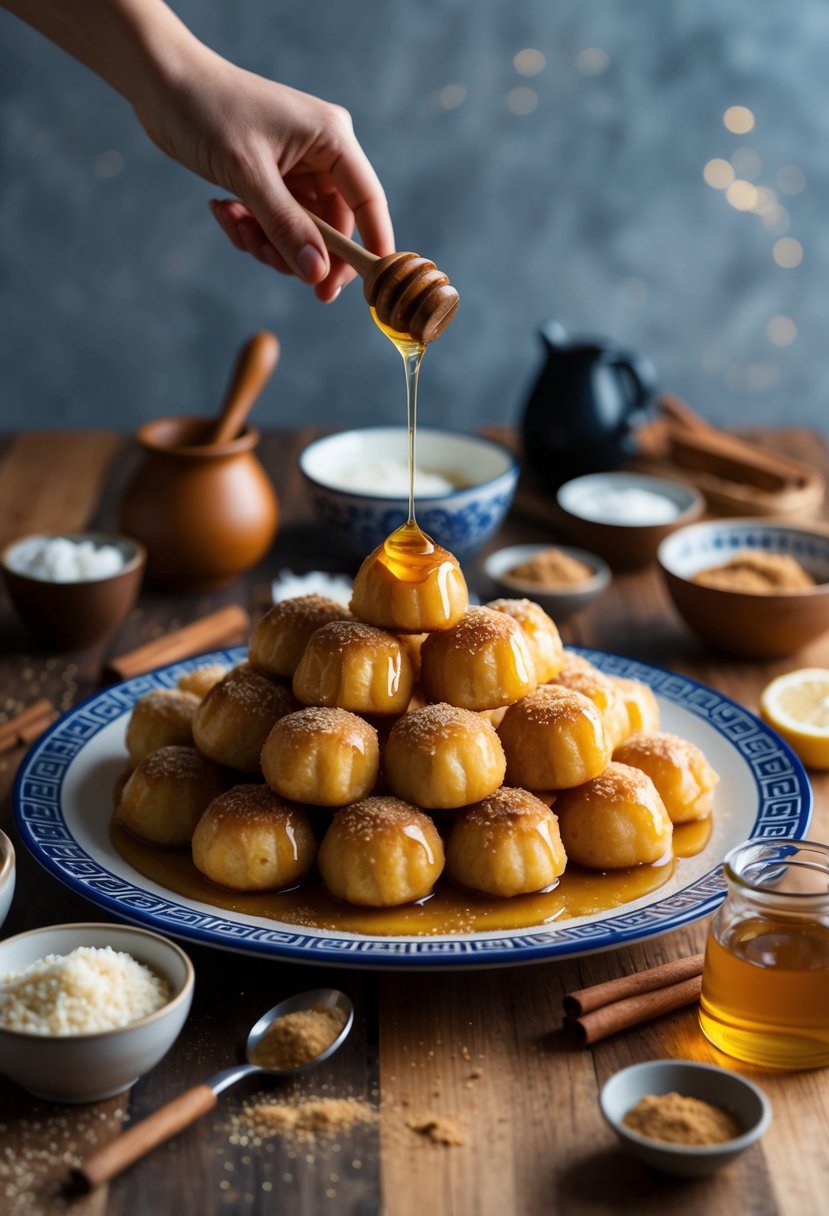 A table covered in loukoumades, drizzled with honey and sprinkled with cinnamon, surrounded by Greek ingredients and utensils